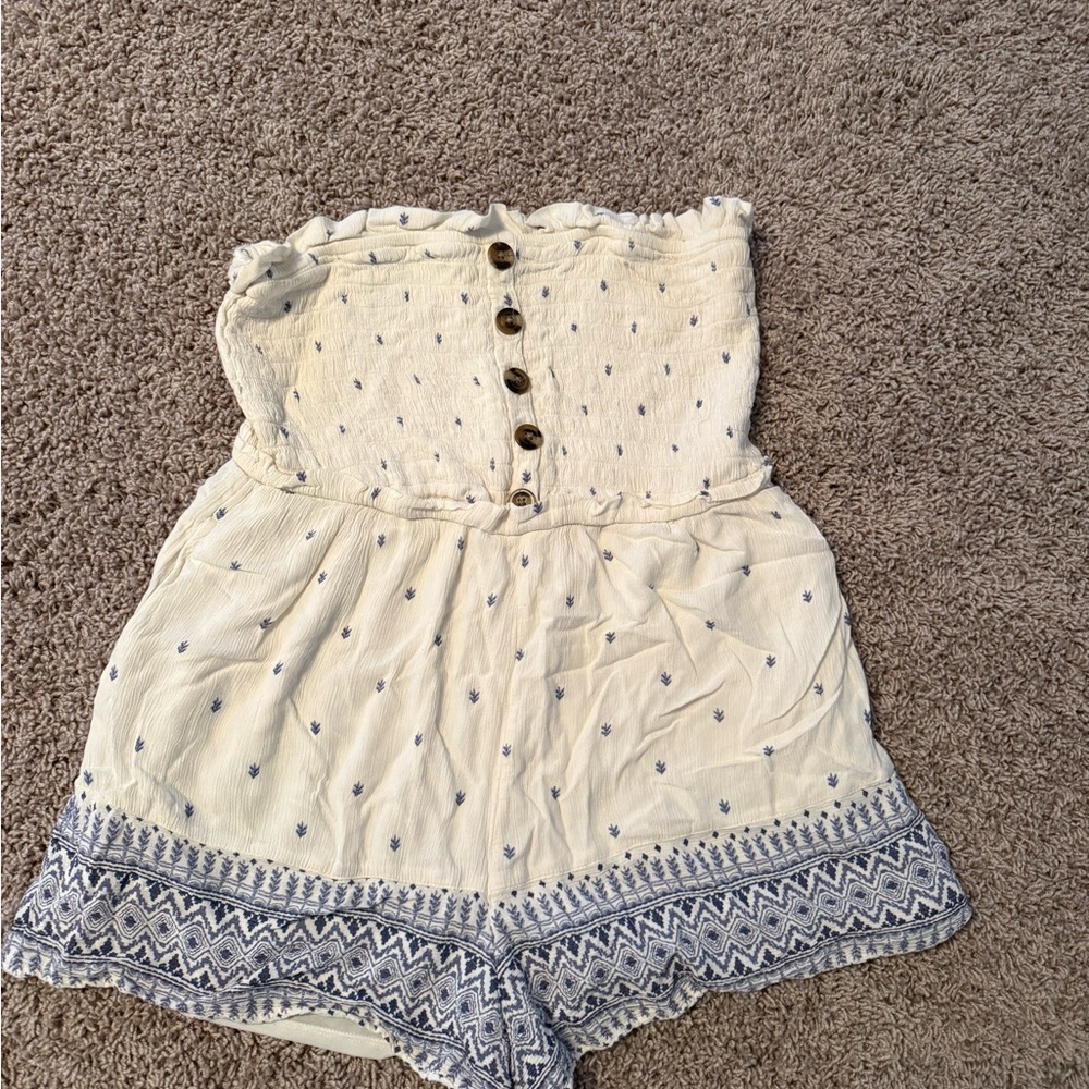 American Eagle Outfitters White and Blue Smocked Summer Short Jumpsuit